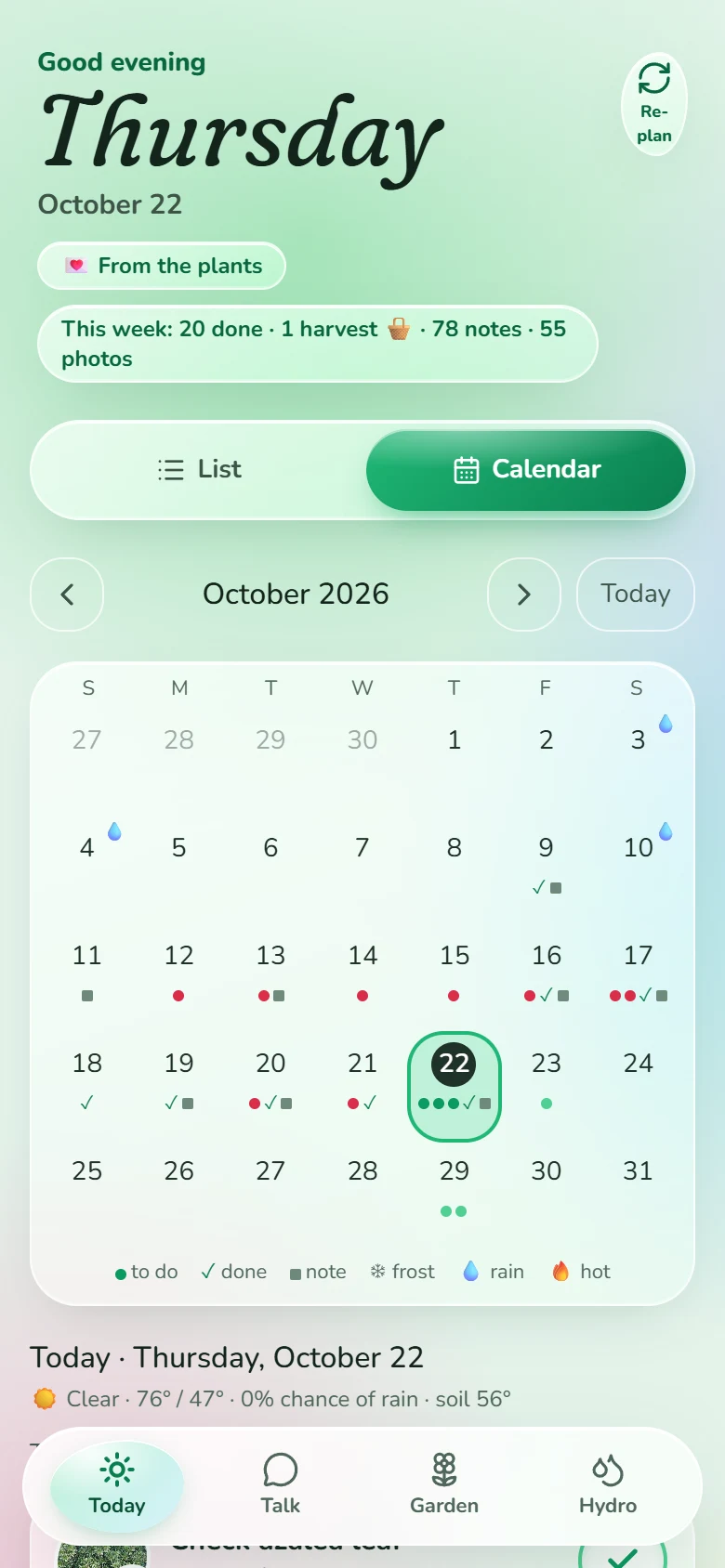 The month calendar with dots for tasks, notes and rain