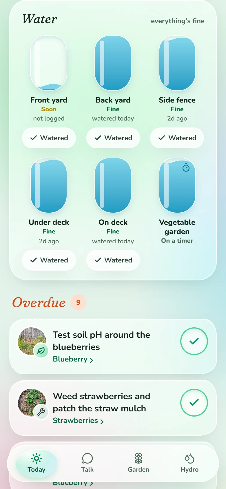 The Water card: each area's water level, Fine or Soon, with a Watered button
